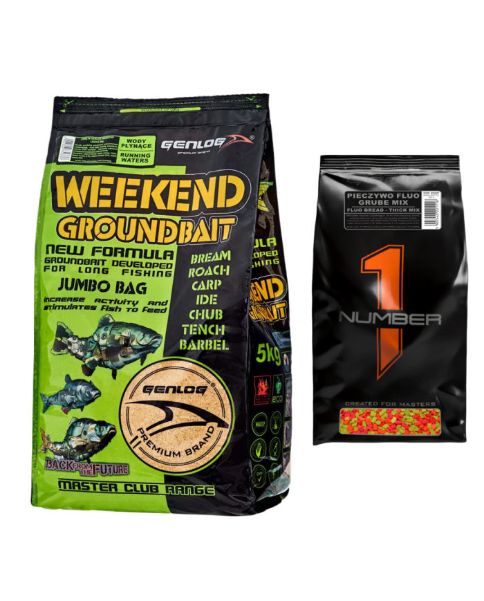 Zestaw GENLOG Zanęta Weekend Wody Płynące 5kg + Pieczywo Fluo Grube Mix 300g Zestaw GENLOG Zanęta Weekend Wody Płynące 5kg + Pieczywo Fluo Grube Mix 300g