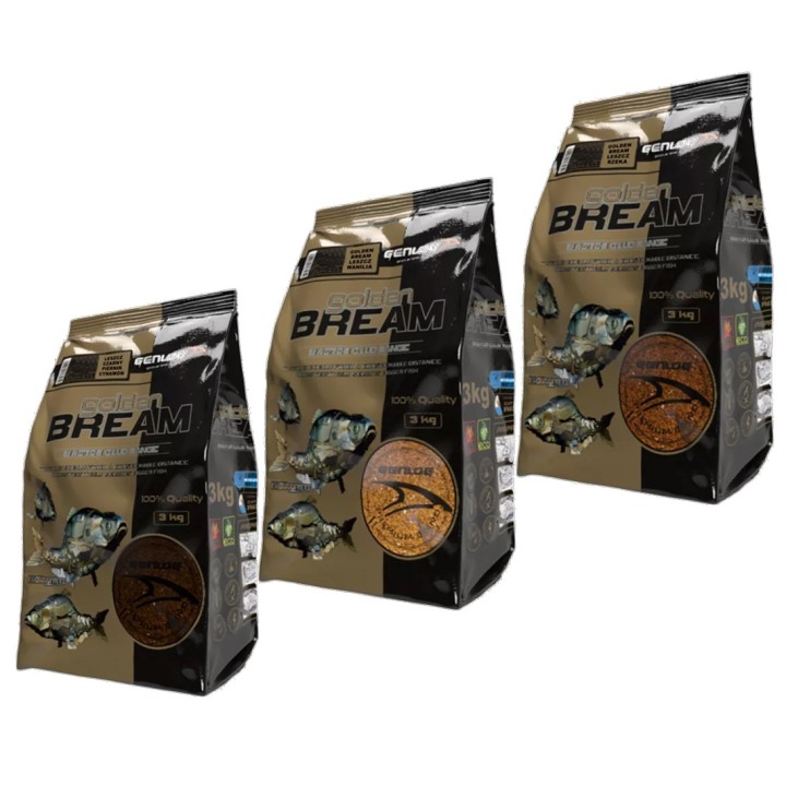 Zestaw zanęt GENLOG Golden Bream 3x3kg: Leszcz Wanilia, Leszcz Rzeka, Leszcz Czarny Piernik/Cynamon