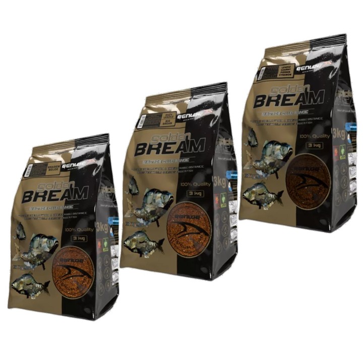 Zestaw zanęt GENLOG Golden Bream 3x3kg: Duży Leszcz, Brasem Belge, Leszcz Czarny Piernik/Cynamon