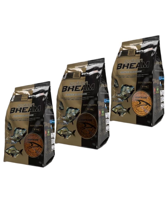 Zestaw zanęt GENLOG Golden Bream 3x3kg: Melasa, Leszcz Wanilia, Leszcz Czarny Piernik/Cynamon Zestaw zanęt GENLOG Golden Bream 3x3kg: Melasa, Leszcz Wanilia, Leszcz Czarny Piernik/Cynamon