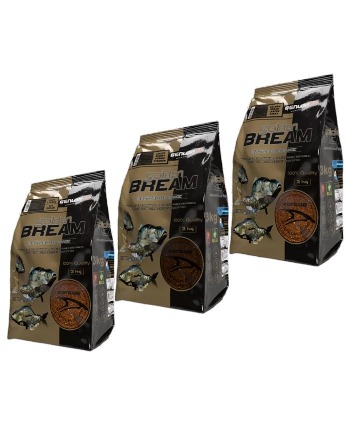Zestaw zanęt GENLOG Golden Bream 3x3kg: Duży Leszcz, Leszcz Rzeka, Leszcz Czarny Piernik/Cynamon Zestaw zanęt GENLOG Golden Bream 3x3kg: Duży Leszcz, Leszcz Rzeka, Leszcz Czarny Piernik/Cynamon