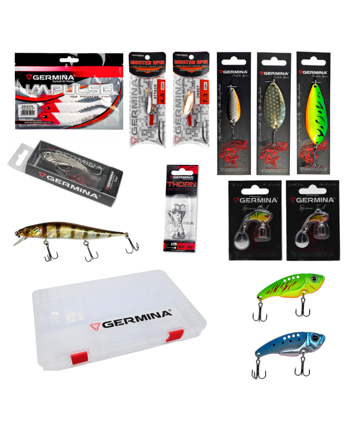 Zestaw Przynęt Spinningowych Błystki Cykady Gumy Wirujące Ogonki + Pudełko