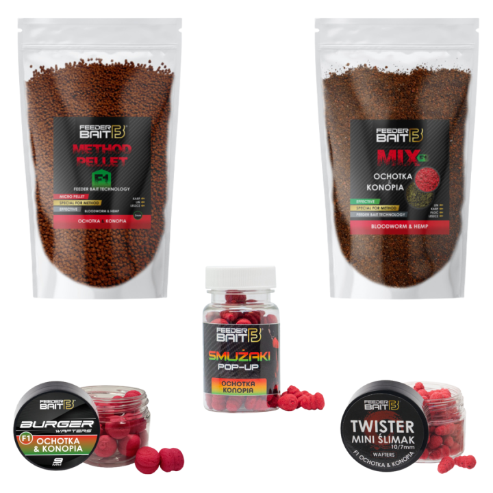 Zestaw FEEDER BAIT F1 Method Mix + Pellet 2mm + Burger Wafters + Smużaki + Twister Mini Ślimak