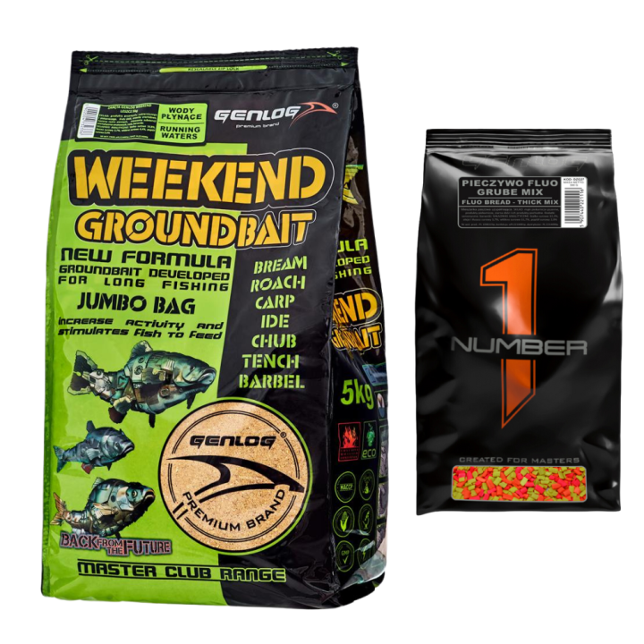 Zestaw GENLOG Zanęta Weekend Wody Płynące 5kg + Pieczywo Fluo Grube Mix 300g