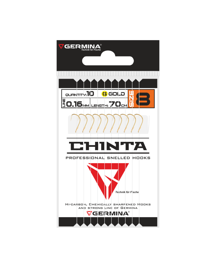 Haczyki z przyponem GERMINA Chinta G roz. 8, 0.16mm, 70cm - 10szt. Haczyki z przyponem GERMINA Chinta G roz. 8, 0.16mm, 70cm - 10szt.