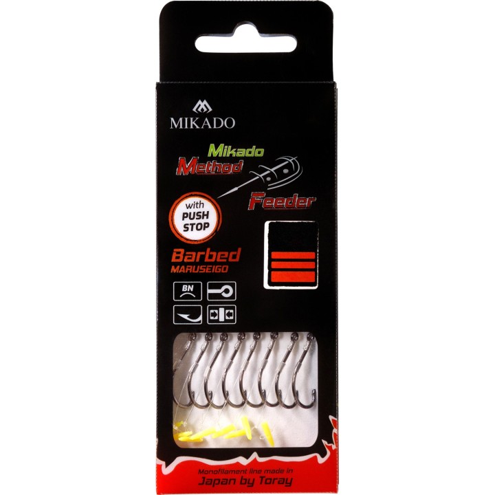 Przypony MIKADO Method Feeder z push stopem - hak z zadziorem nr 10 żyłka 0.23mm/10cm - op. 8 szt.