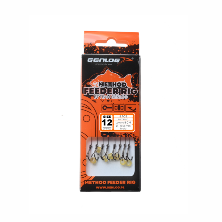 Przypony GENLOG Method Feeder Rig z gumką - hak BKK nr 12 plecionka 0.12mm/8cm - op. 8 szt.