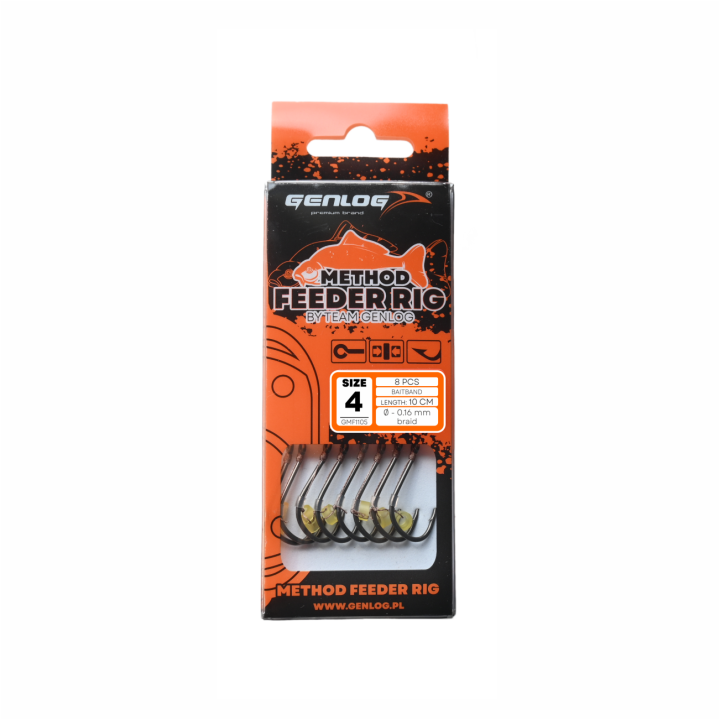 Przypony GENLOG Method Feeder Rig z gumką - hak BKK nr 4 plecionka 0.16mm/10cm - op. 8 szt.