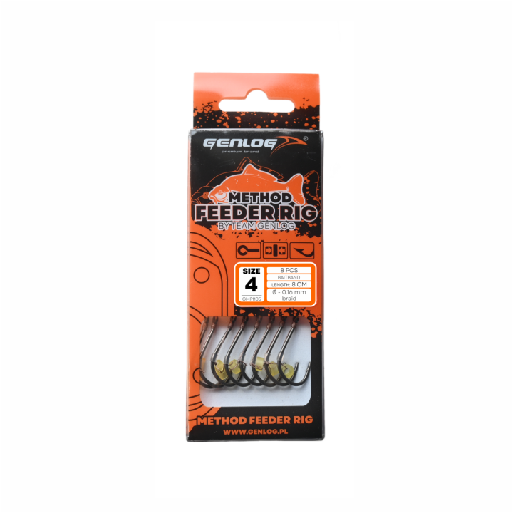 Przypony GENLOG Method Feeder Rig z gumką - hak BKK nr 4 plecionka 0.16mm/8cm - op. 8 szt.