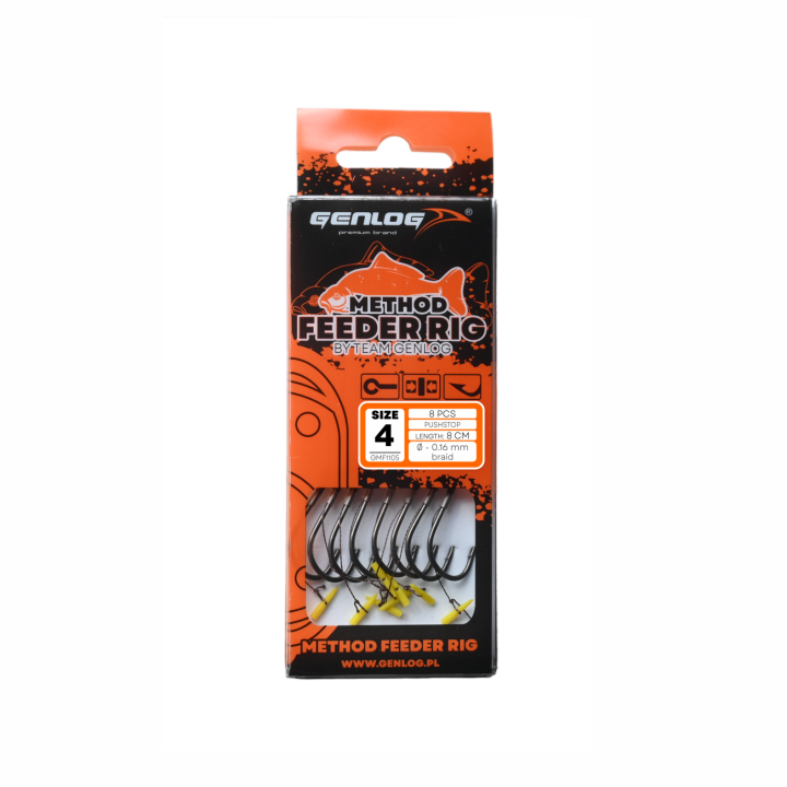 Przypony GENLOG Method Feeder Rig z push stopem - hak BKK nr 4 plecionka 0.16mm/8cm - op. 8 szt.