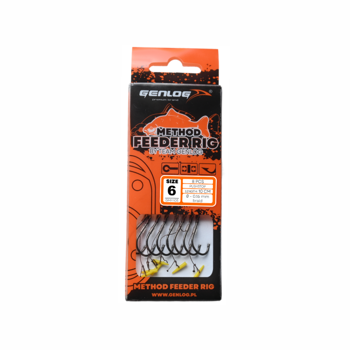 Przypony GENLOG Method Feeder Rig z push stopem - hak BKK nr 6 plecionka 0.16mm/10cm - op. 8 szt.