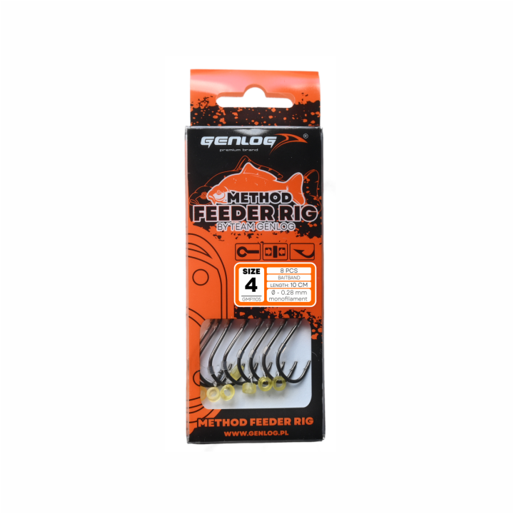 Przypony GENLOG Method Feeder Rig z gumką - hak BKK nr 4 żyłka 0.28mm/10cm - op. 8 szt.