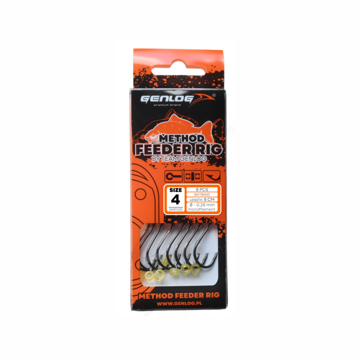 Przypony GENLOG Method Feeder Rig z gumką - hak BKK nr 4 żyłka 0.28mm/8cm - op. 8 szt.