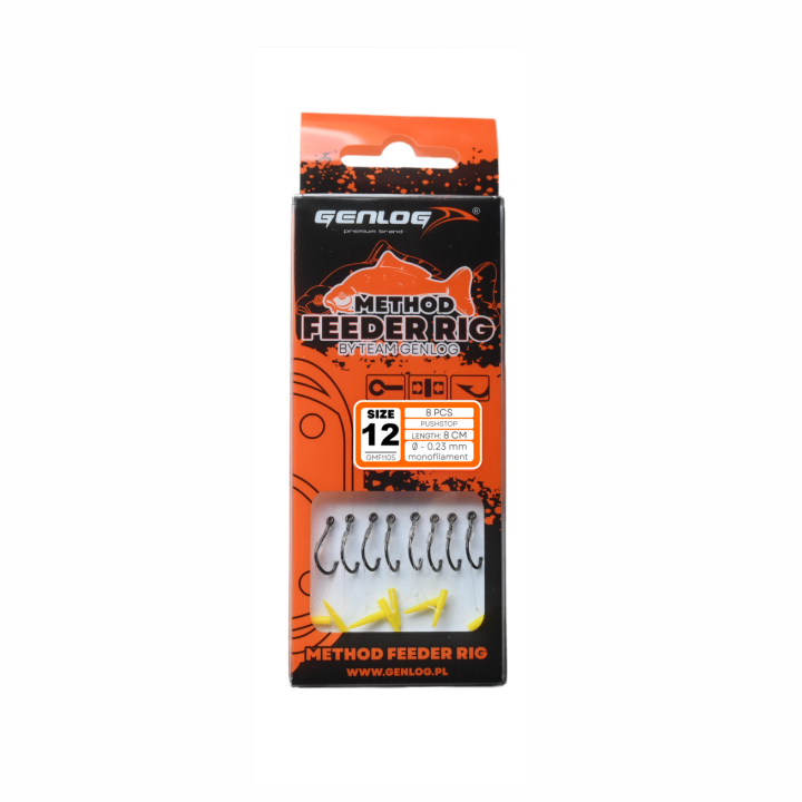 Przypony GENLOG Method Feeder Rig z push stopem - hak BKK nr 12 żyłka 0.23mm/8cm - op. 8 szt.