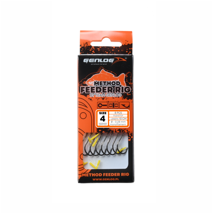 Przypony GENLOG Method Feeder Rig z push stopem - hak BKK nr 4 żyłka 0.28mm/10cm - op. 8 szt.