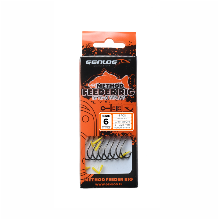 Przypony GENLOG Method Feeder Rig z push stopem - hak BKK nr 6 żyłka 0.28mm/8cm - op. 8 szt.