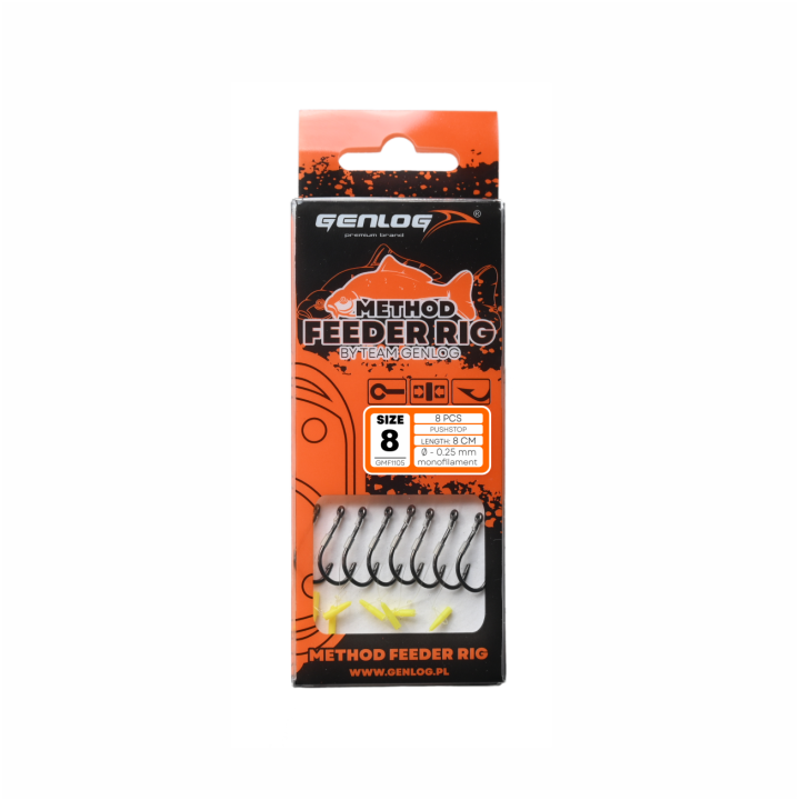 Przypony GENLOG Method Feeder Rig z push stopem - hak BKK nr 8 żyłka 0.25mm/8cm - op. 8 szt.