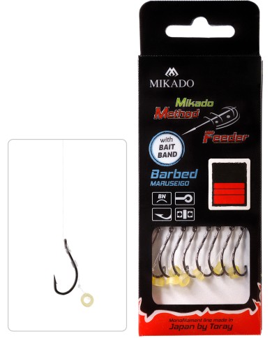 Przypony MIKADO Method Feeder z gumką - hak z zadziorem nr 10 żyłka 0.23mm/10cm - op. 8 szt. Przypony MIKADO Method Feeder z gumką - hak z zadziorem nr 10 żyłka 0.23mm/10cm - op. 8 szt.