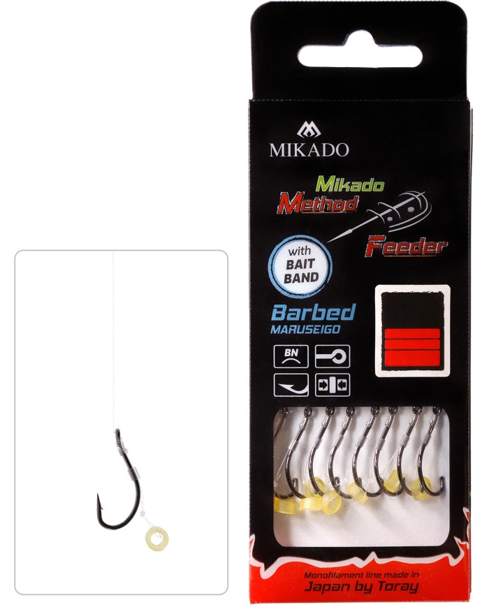 Przypony MIKADO Method Feeder z gumką - hak z zadziorem nr 8 żyłka 0.25mm/10cm - op. 8 szt. Przypony MIKADO Method Feeder z gumką - hak z zadziorem nr 8 żyłka 0.25mm/10cm - op. 8 szt.