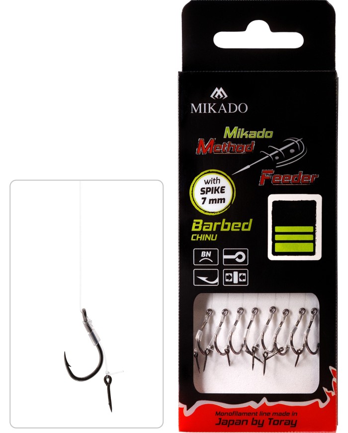 Przypony MIKADO Method Feeder z igłą - hak z zadziorem nr 10 żyłka 0.23mm/10cm - op. 8 szt. Przypony MIKADO Method Feeder z igłą - hak z zadziorem nr 10 żyłka 0.23mm/10cm - op. 8 szt.