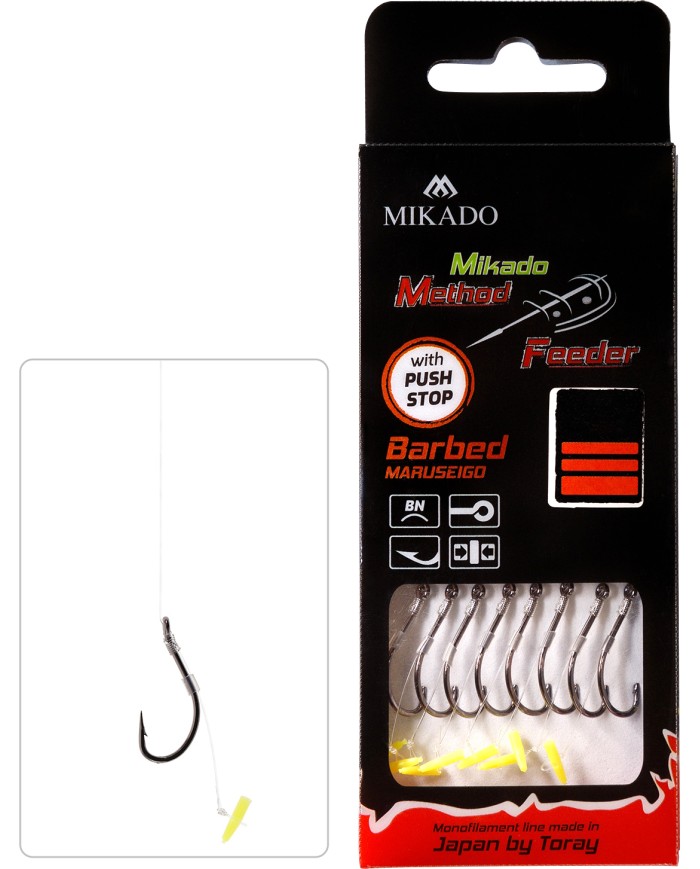 Przypony MIKADO Method Feeder z push stopem - hak z zadziorem nr 10 żyłka 0.23mm/10cm - op. 8 szt. Przypony MIKADO Method Feeder z push stopem - hak z zadziorem nr 10 żyłka 0.23mm/10cm - op. 8 szt.