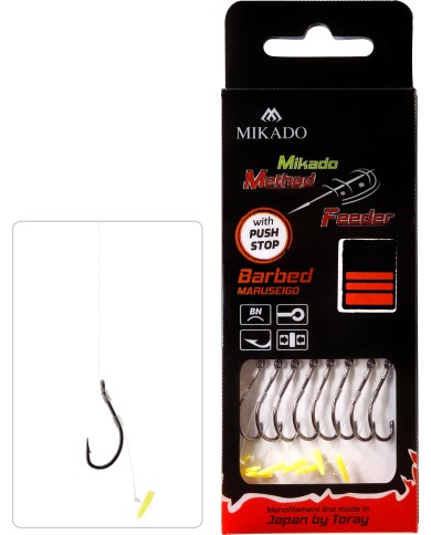 Przypony MIKADO Method Feeder z push stopem - hak z zadziorem nr 12 żyłka 0.23mm/10cm - op. 8 szt. Przypony MIKADO Method Feeder z push stopem - hak z zadziorem nr 12 żyłka 0.23mm/10cm - op. 8 szt.