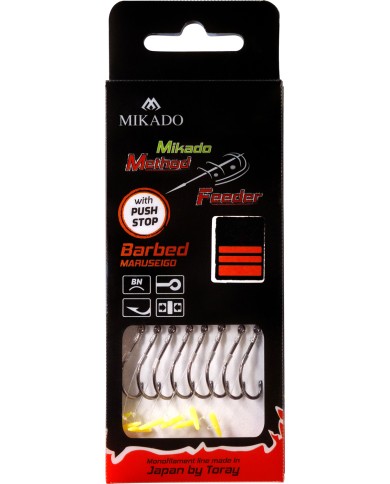 Przypony MIKADO Method Feeder z push stopem - hak z zadziorem nr 12 żyłka 0.23mm/10cm - op. 8 szt. Przypony MIKADO Method Feeder z push stopem - hak z zadziorem nr 12 żyłka 0.23mm/10cm - op. 8 szt.