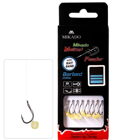 Przypony MIKADO Method Feeder z gumką - hak z zadziorem nr 10 żyłka 0.23mm/10cm - op. 8 szt. Przypony MIKADO Method Feeder z gumką - hak z zadziorem nr 10 żyłka 0.23mm/10cm - op. 8 szt.