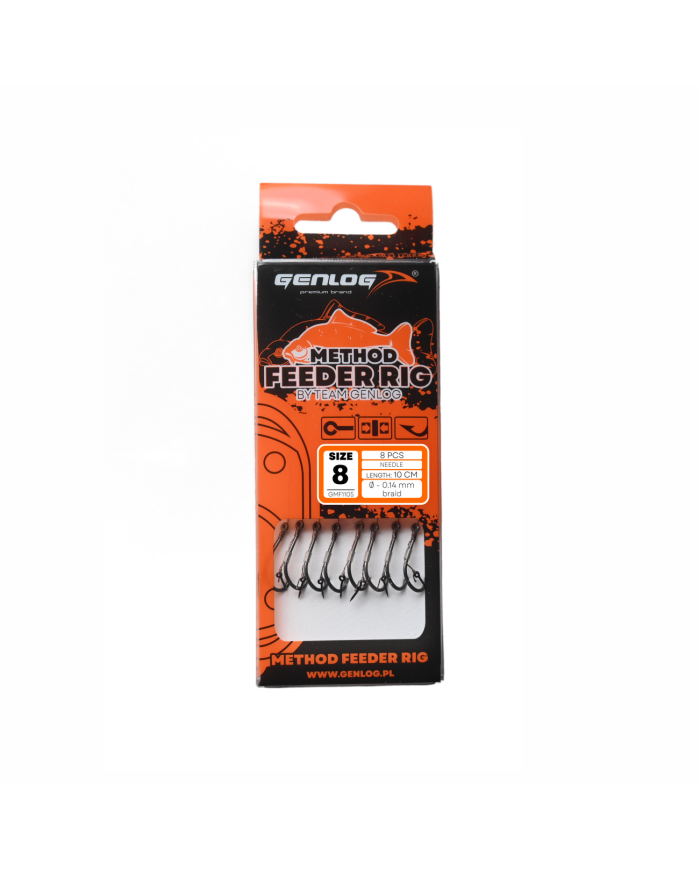 Przypony GENLOG Method Feeder Rig z igłą - hak BKK nr 8 plecionka 0.14mm/10cm - op. 8 szt. Przypony GENLOG Method Feeder Rig z igłą - hak BKK nr 8 plecionka 0.14mm/10cm - op. 8 szt.