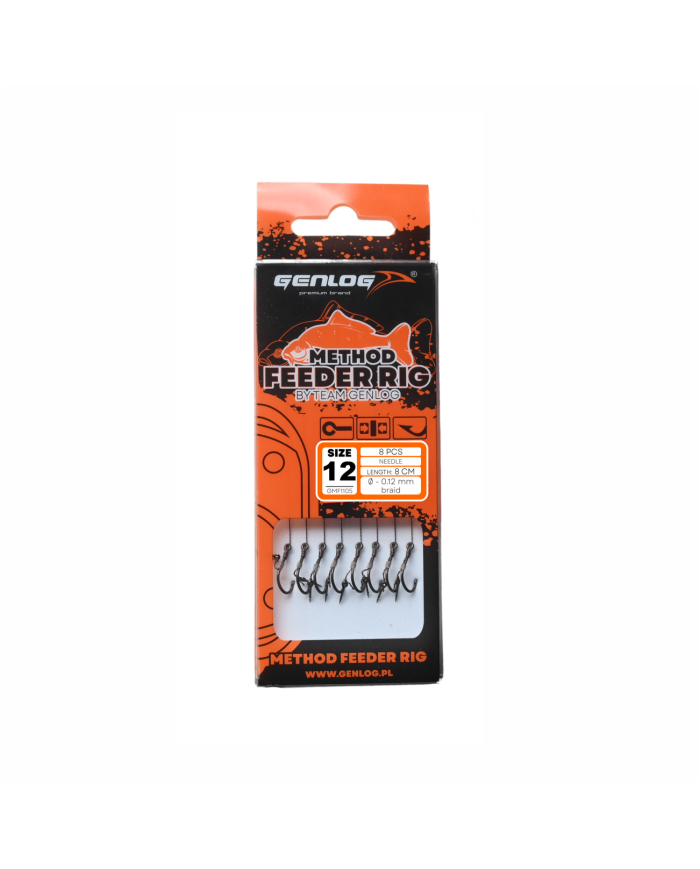Przypony GENLOG Method Feeder Rig z igłą - hak BKK nr 12 plecionka 0.12mm/8cm - op. 8 szt. Przypony GENLOG Method Feeder Rig z igłą - hak BKK nr 12 plecionka 0.12mm/8cm - op. 8 szt.
