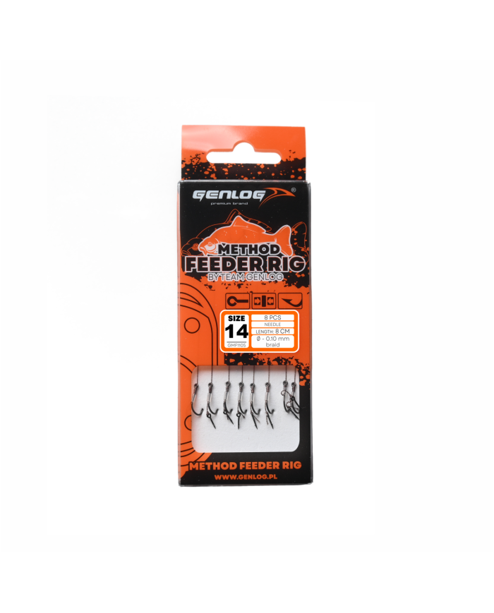 Przypony GENLOG Method Feeder Rig z igłą - hak BKK nr 14 plecionka 0.10mm/8cm - op. 8 szt. Przypony GENLOG Method Feeder Rig z igłą - hak BKK nr 14 plecionka 0.10mm/8cm - op. 8 szt.
