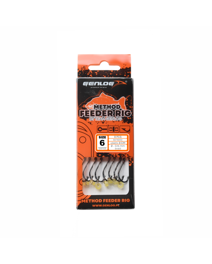 Przypony GENLOG Method Feeder Rig z gumką - hak BKK nr 6 plecionka 0.16mm/8cm - op. 8 szt. Przypony GENLOG Method Feeder Rig z gumką - hak BKK nr 6 plecionka 0.16mm/8cm - op. 8 szt.