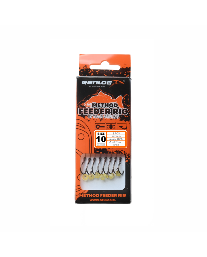 Przypony GENLOG Method Feeder Rig z gumką - hak BKK nr 10 plecionka 0.12mm/8cm - op. 8 szt. Przypony GENLOG Method Feeder Rig z gumką - hak BKK nr 10 plecionka 0.12mm/8cm - op. 8 szt.