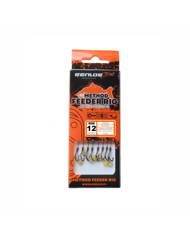 Przypony GENLOG Method Feeder Rig z gumką - hak BKK nr 12 plecionka 0.12mm/8cm - op. 8 szt. Przypony GENLOG Method Feeder Rig z gumką - hak BKK nr 12 plecionka 0.12mm/8cm - op. 8 szt.