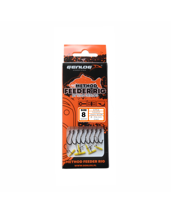 Przypony GENLOG Method Feeder Rig z push stopem - hak BKK nr 8 plecionka 0.14mm/10cm - op. 8 szt. Przypony GENLOG Method Feeder Rig z push stopem - hak BKK nr 8 plecionka 0.14mm/10cm - op. 8 szt.