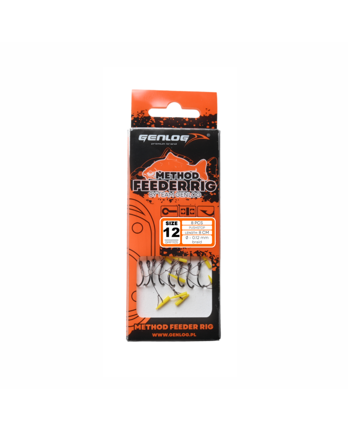 Przypony GENLOG Method Feeder Rig z push stopem - hak BKK nr 12 plecionka 0.12mm/8cm - op. 8 szt. Przypony GENLOG Method Feeder Rig z push stopem - hak BKK nr 12 plecionka 0.12mm/8cm - op. 8 szt.