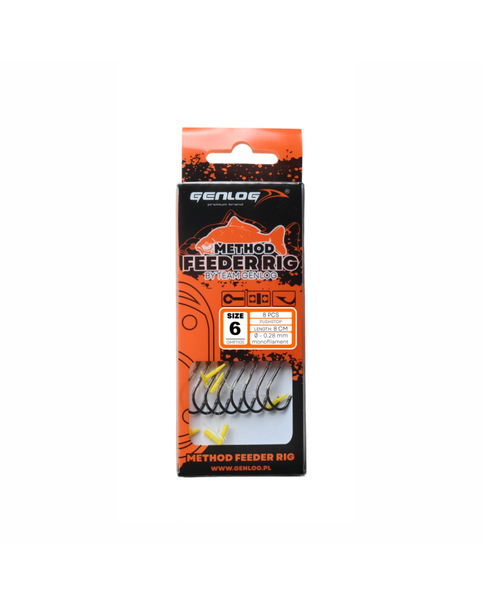 Przypony GENLOG Method Feeder Rig z push stopem - hak BKK nr 6 żyłka 0.28mm/8cm - op. 8 szt.