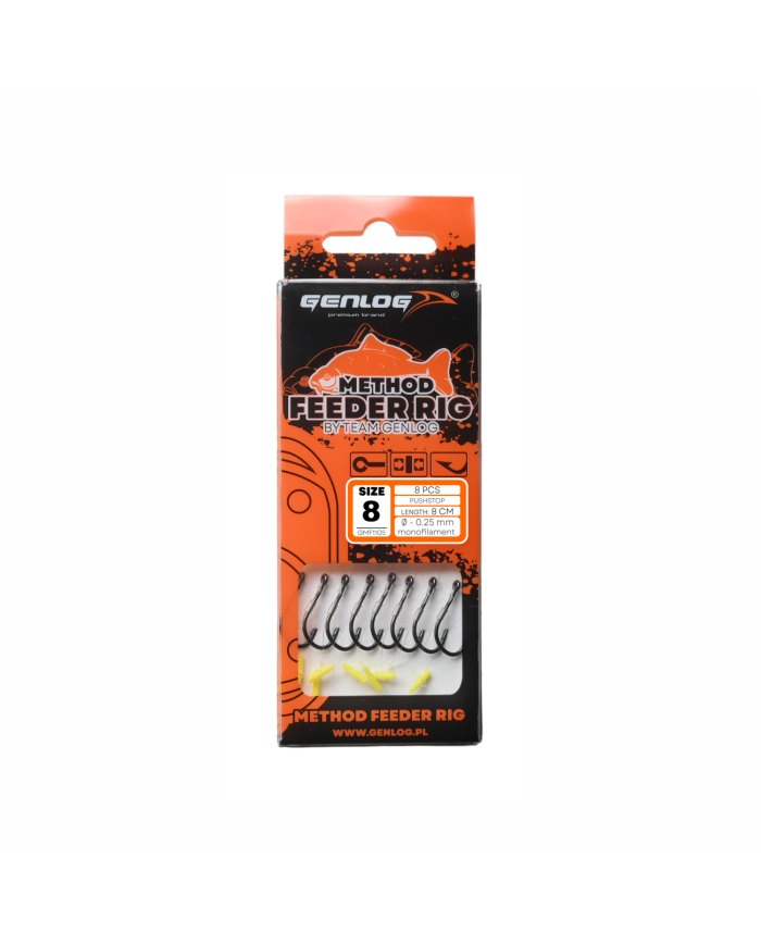 Przypony GENLOG Method Feeder Rig z push stopem - hak BKK nr 8 żyłka 0.25mm/8cm - op. 8 szt.