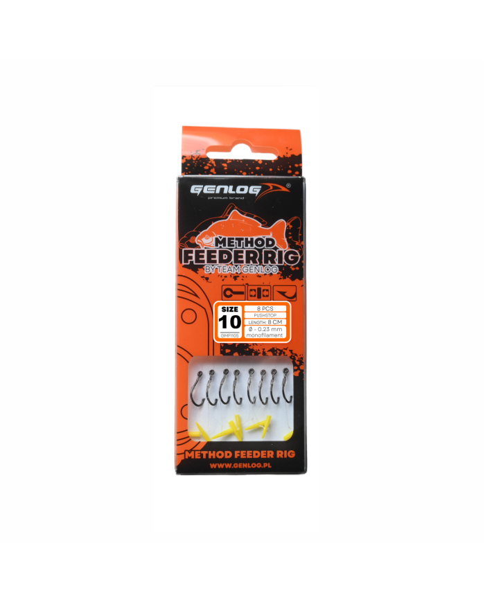 Przypony GENLOG Method Feeder Rig z push stopem - hak BKK nr 10 żyłka 0.23mm/8cm - op. 8 szt. Przypony GENLOG Method Feeder Rig z push stopem - hak BKK nr 10 żyłka 0.23mm/8cm - op. 8 szt.