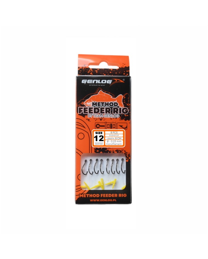 Przypony GENLOG Method Feeder Rig z push stopem - hak BKK nr 12 żyłka 0.23mm/8cm - op. 8 szt. Przypony GENLOG Method Feeder Rig z push stopem - hak BKK nr 12 żyłka 0.23mm/8cm - op. 8 szt.