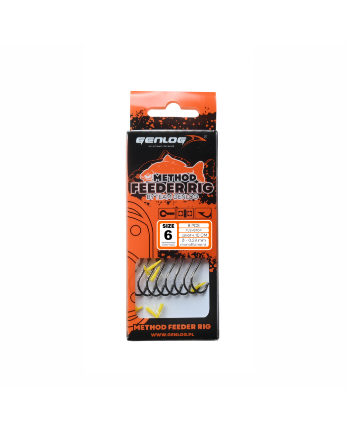 Przypony GENLOG Method Feeder Rig z push stopem - hak BKK nr 6 żyłka 0.28mm/10cm - op. 8 szt.