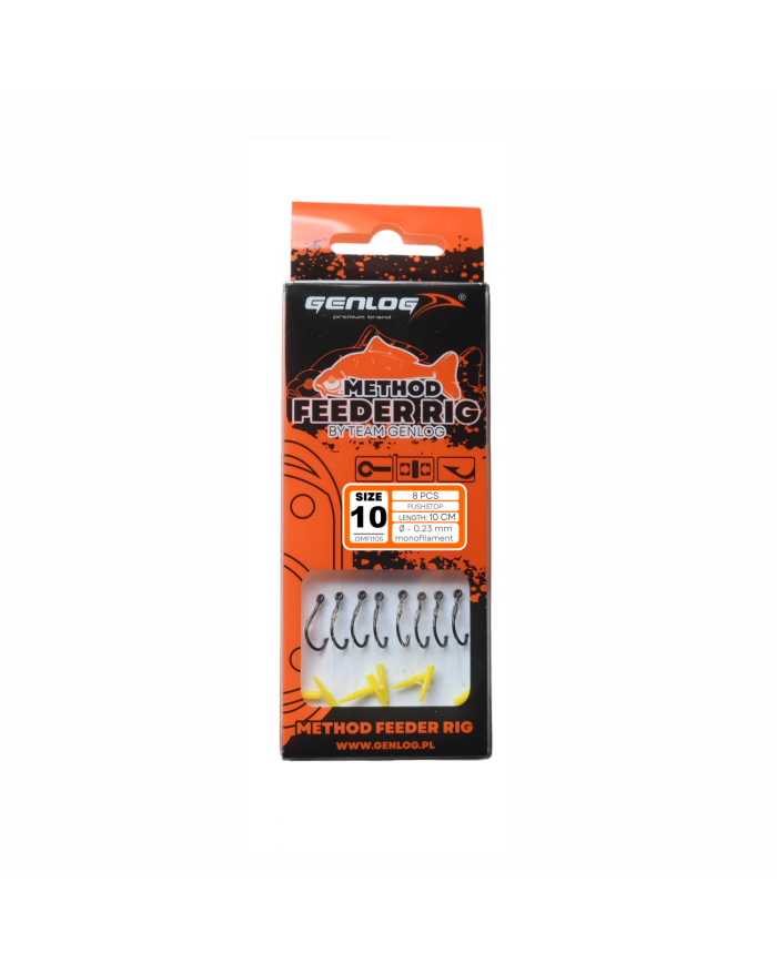 Przypony GENLOG Method Feeder Rig z push stopem - hak BKK nr 10 żyłka 0.23mm/10cm - op. 8 szt.