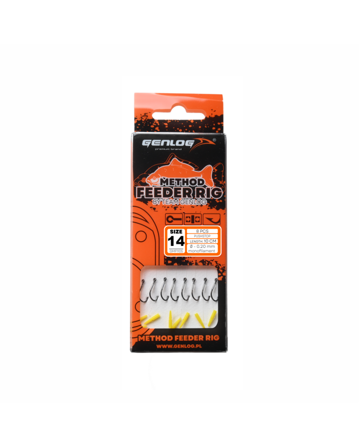 Przypony GENLOG Method Feeder Rig z push stopem - hak BKK nr 14 żyłka 0.20mm/10cm - op. 8 szt. Przypony GENLOG Method Feeder Rig z push stopem - hak BKK nr 14 żyłka 0.20mm/10cm - op. 8 szt.