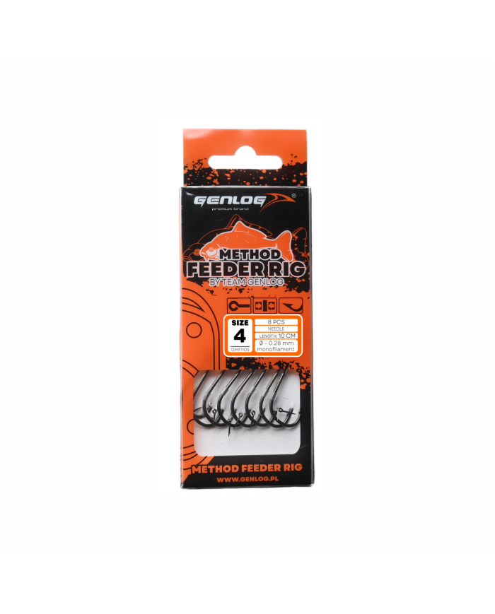 Przypony GENLOG Method Feeder Rig z igłą - hak BKK nr 4 żyłka 0.28mm/10cm - op. 8 szt.