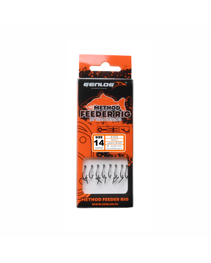 Przypony GENLOG Method Feeder Rig z igłą - hak BKK nr 14 żyłka 0.20mm/8cm - op. 8 szt. Przypony GENLOG Method Feeder Rig z igłą - hak BKK nr 14 żyłka 0.20mm/8cm - op. 8 szt.