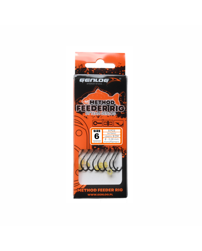 Przypony GENLOG Method Feeder Rig z gumką - hak BKK nr 6 żyłka 0.28mm/8cm - op. 8 szt. Przypony GENLOG Method Feeder Rig z gumką - hak BKK nr 6 żyłka 0.28mm/8cm - op. 8 szt.