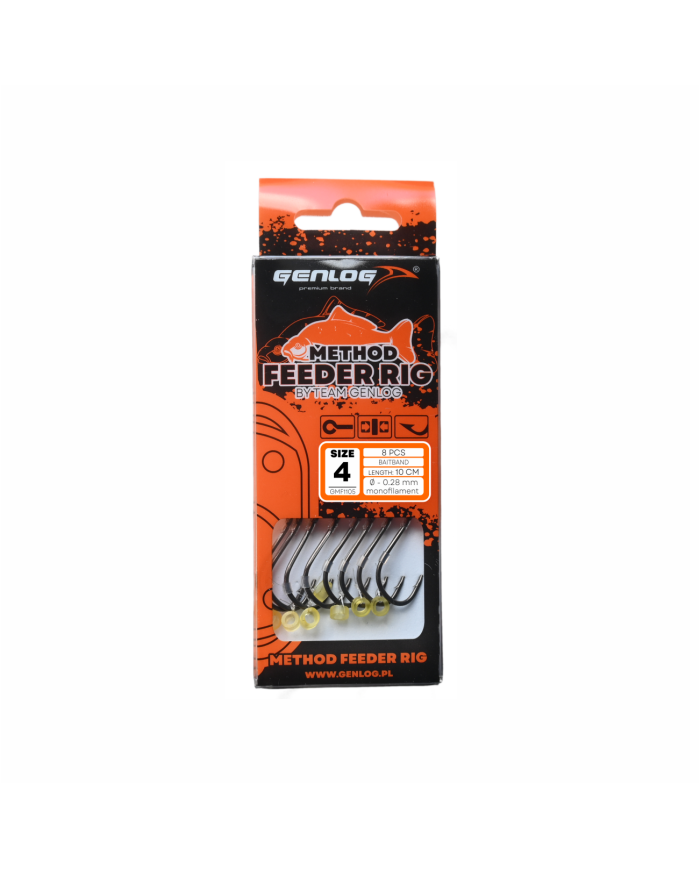 Przypony GENLOG Method Feeder Rig z gumką - hak BKK nr 4 żyłka 0.28mm/10cm - op. 8 szt. Przypony GENLOG Method Feeder Rig z gumką - hak BKK nr 4 żyłka 0.28mm/10cm - op. 8 szt.