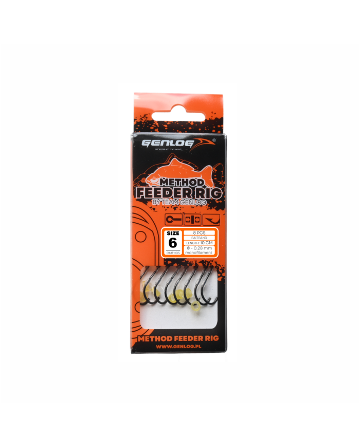 Przypony GENLOG Method Feeder Rig z gumką - hak BKK nr 6 żyłka 0.28mm/10cm - op. 8 szt. Przypony GENLOG Method Feeder Rig z gumką - hak BKK nr 6 żyłka 0.28mm/10cm - op. 8 szt.