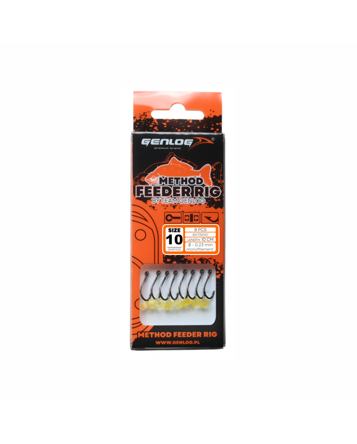 Przypony GENLOG Method Feeder Rig z gumką - hak BKK nr 10 żyłka 0.23mm/10cm - op. 8 szt. Przypony GENLOG Method Feeder Rig z gumką - hak BKK nr 10 żyłka 0.23mm/10cm - op. 8 szt.